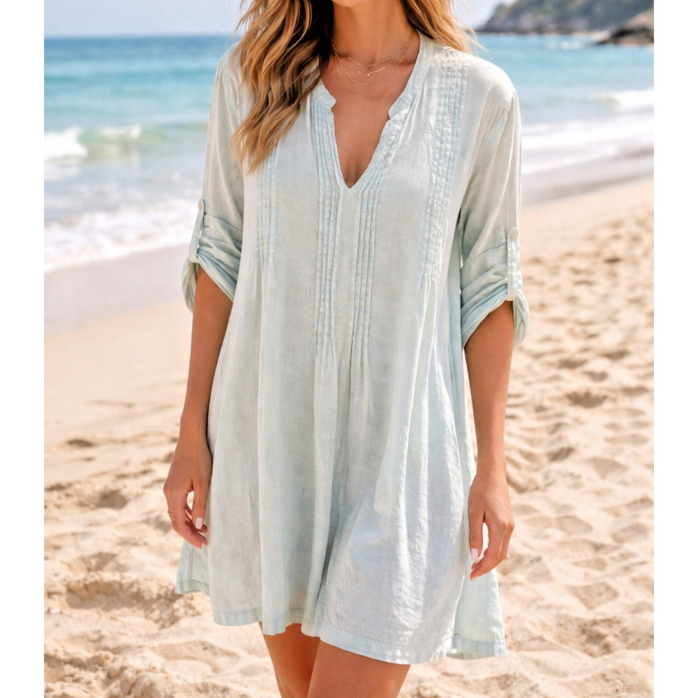 DOLMA 100% Linen Pintuck Roll Tab Sleeve Tunic Dress Large Mint Green Coastal